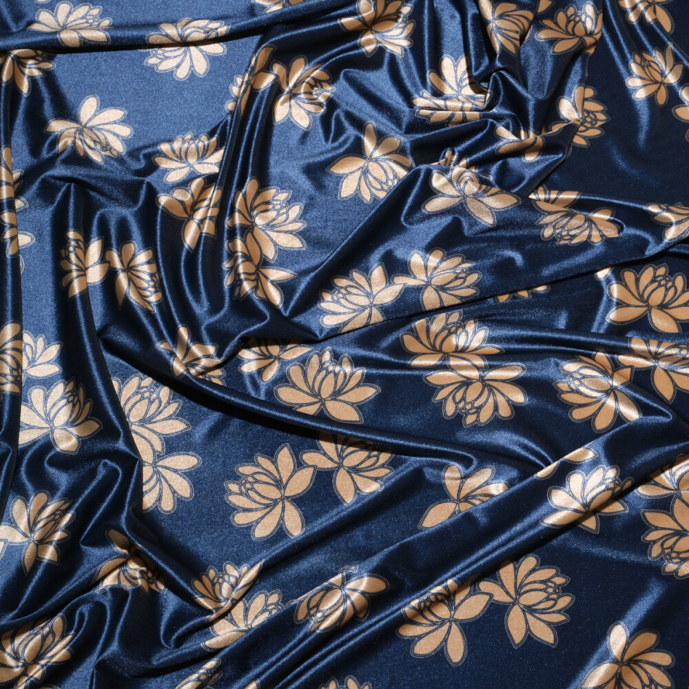 Catifea imprimata floral elastica Bleumarin cu auriu