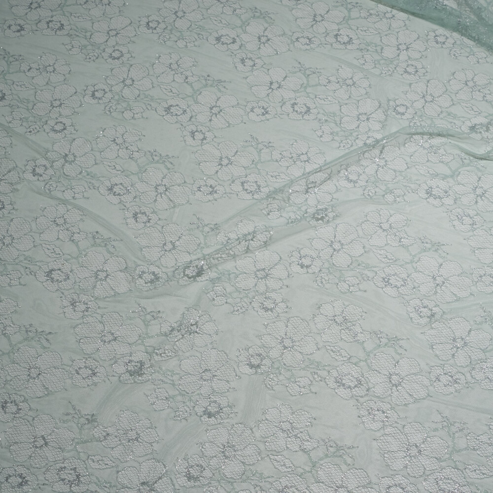 Dantela chantilly cu fir metalic Aqua