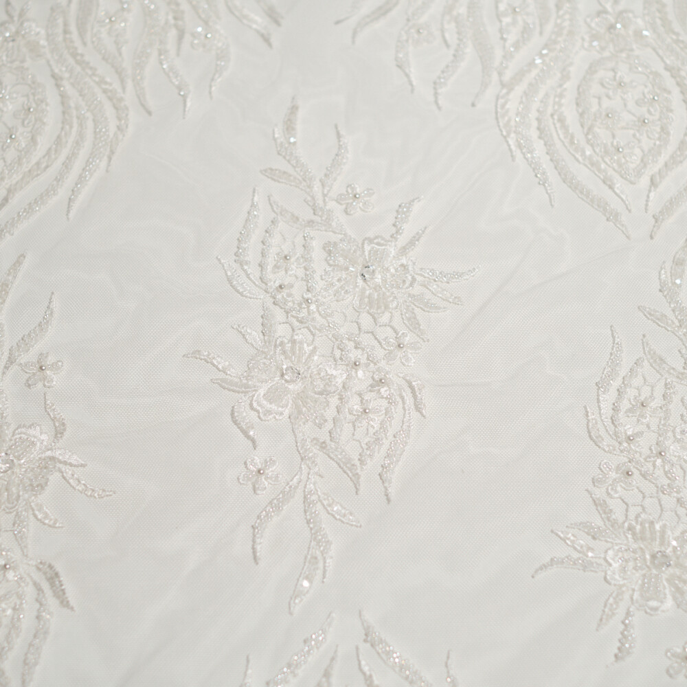 Dantelă bridal luxoasă cu paiete, perle și model baroc