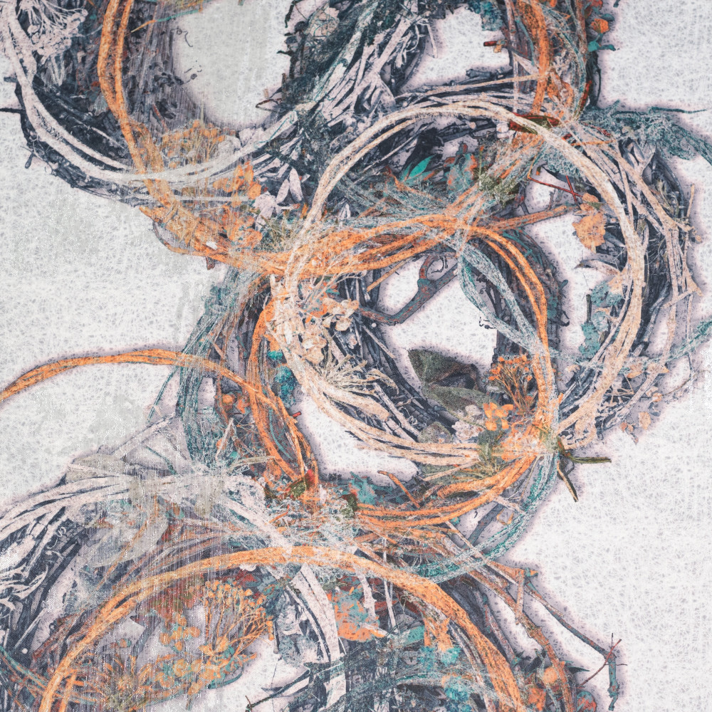 Jacquard imprimat multicolor cu fir metalic argintiu