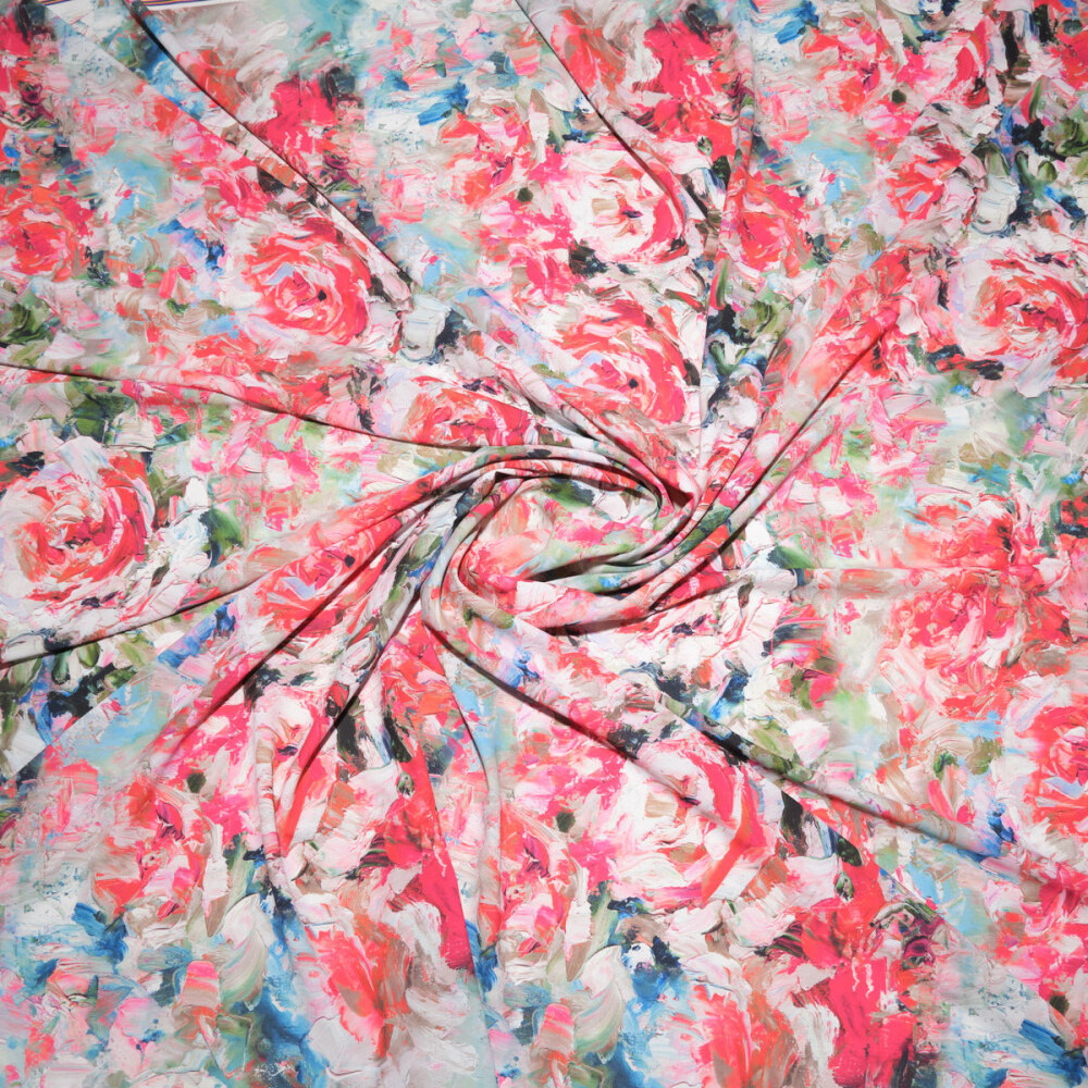 Matase imprimata digital cu motiv floral multicolor pictura impresionista