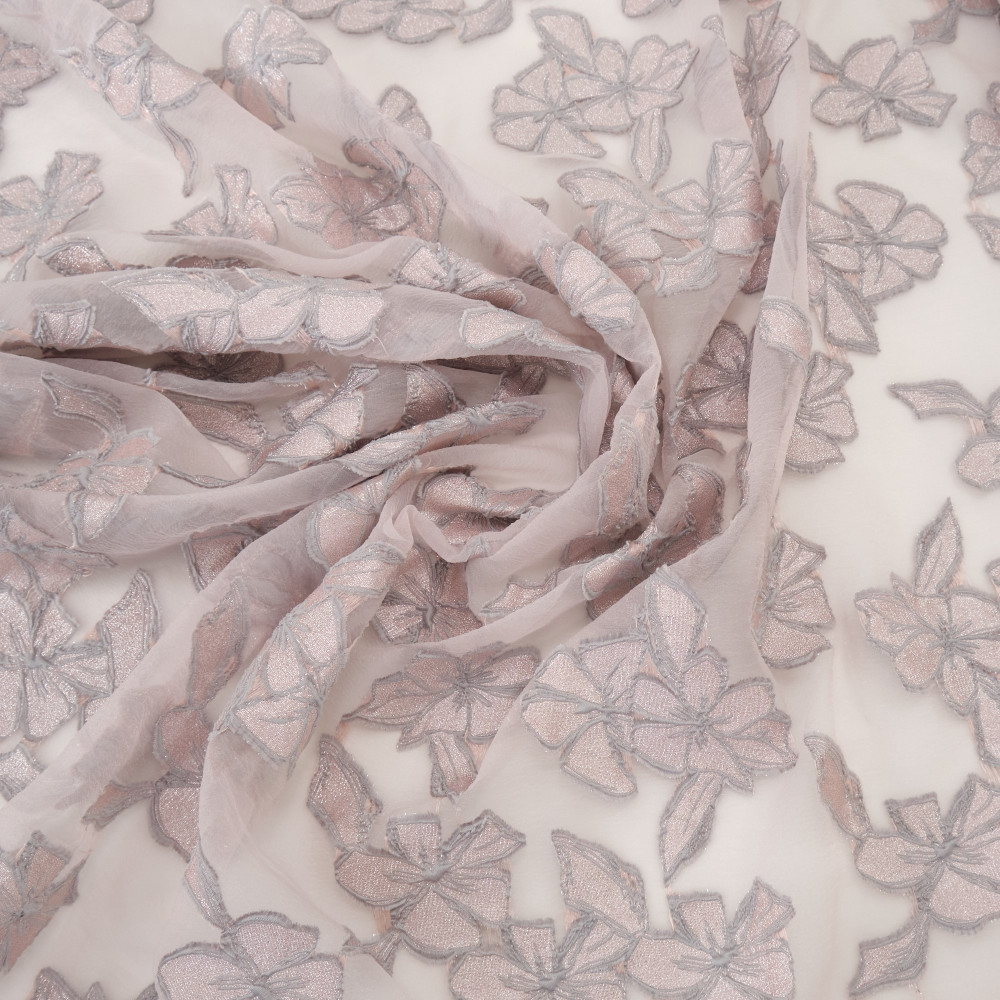 Jacquard cu flori si organza Roz Argintiu