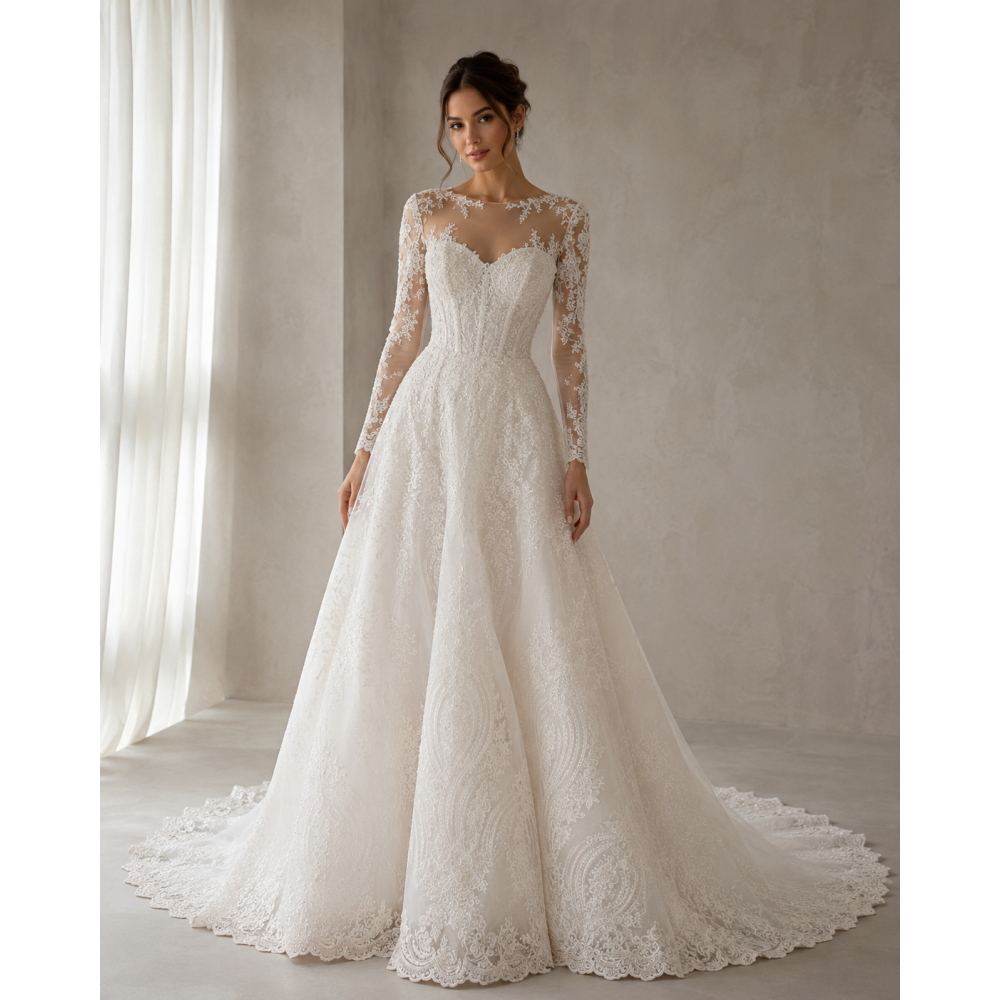 Dantela mireasa ivory brodata cu perle si paiete – model floral premium