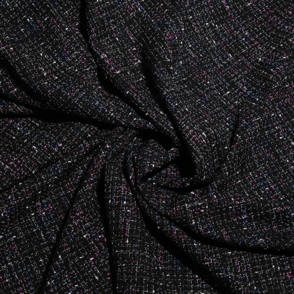 Stofa tweed negru cu insertii mov si albastre