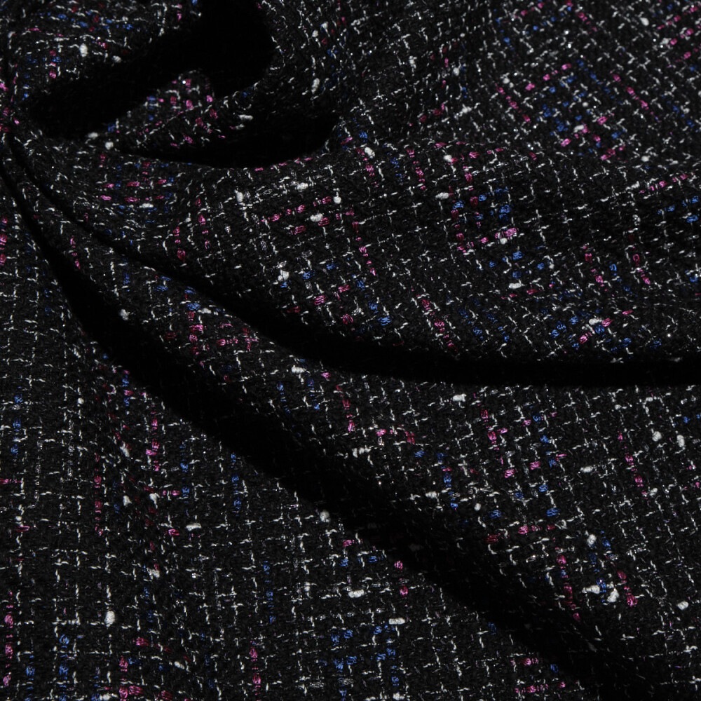Stofa tweed negru cu insertii mov si albastre