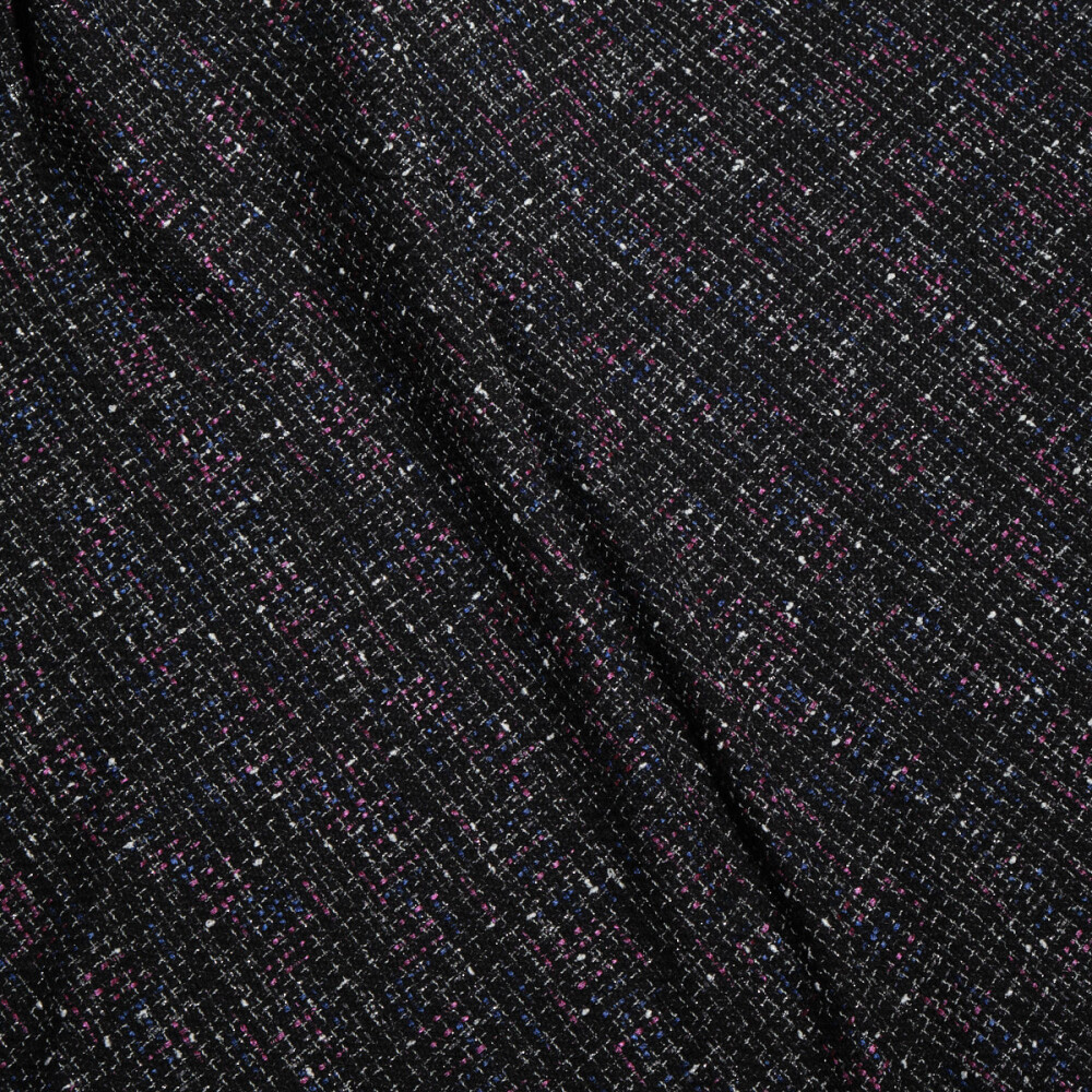 Stofa tweed negru cu insertii mov si albastre