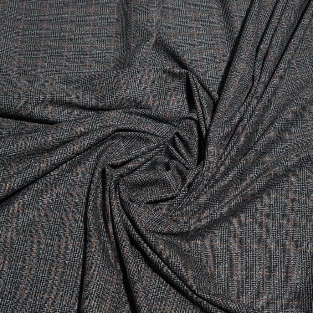 Stofa elastica in carouri gri cu dungi maro subtile