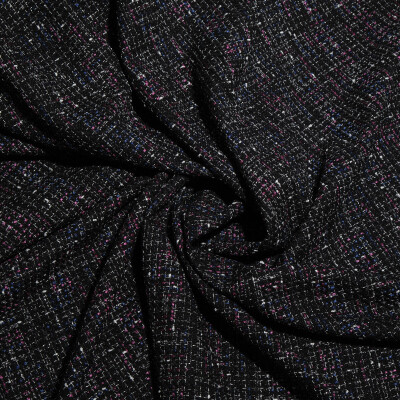 Stofa tweed negru cu insertii mov si albastre