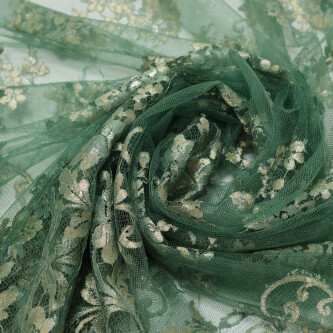 Dantela chantilly cu model floral si fir metalizat Verde granit