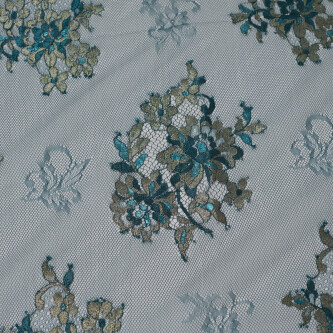 Dantela chantilly cu model floral si fir metalizat Verde smarald