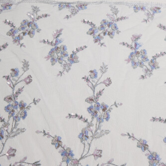 Dantela chantilly brodata cu paiete si maergel - floral pastel