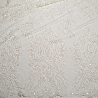 Dantela mireasa ivory brodata cu perle si paiete – model floral premium