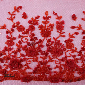 Dantela cu bordura si floricele 3D Rosu