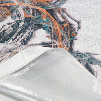 Jacquard imprimat multicolor cu fir metalic argintiu