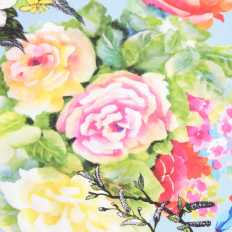 Matase imprimata digital cu motiv abstract floral multicolor si fundal bleu