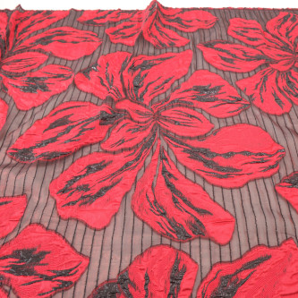 Jacquard cu flori si organza Rosu Negru