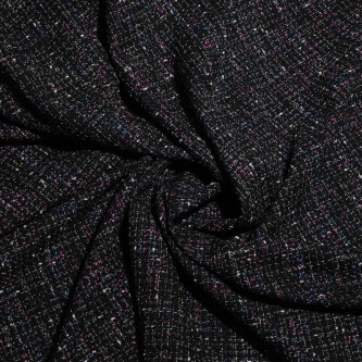Stofa tweed negru cu insertii mov si albastre