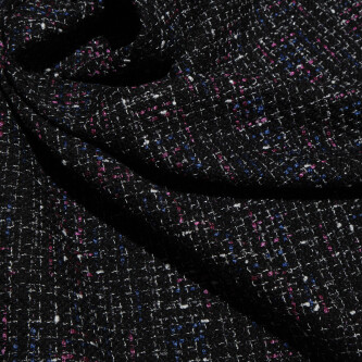 Stofa tweed negru cu insertii mov si albastre