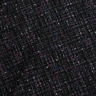Stofa tweed negru cu insertii mov si albastre